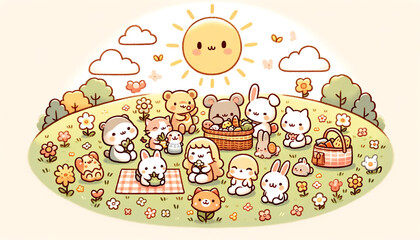 天気の良い日にピクニックをしている動物たち　generated ai