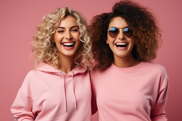 two diverse girls friends and girlfriends in pink hoodies hug each other and laugh on a pink background