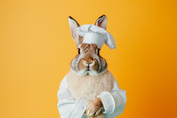 Cool bunny wearing chef uniform. Rabbit chef with hat in kitchen. Funny Bunny chef with a white hat on a pink background. easter bunny. fabulous Easter card