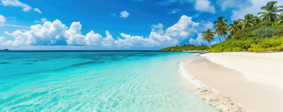 Maldives paradise with white sandy beach and clear blue sky