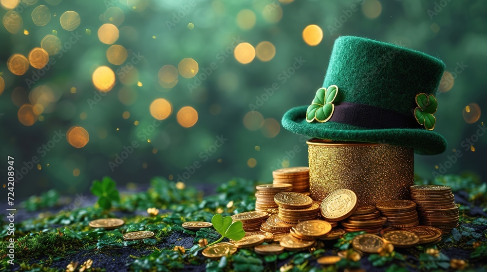 Wall mural st. patrick's day leprechaun hat, gold coins and shamrocks on green background