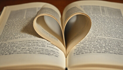 Close-up page of a book in heart vintage style, love of books with blur background