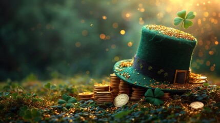 St. Patrick's Day leprechaun hat, gold coins and shamrocks on green background - obrazy, fototapety, plakaty