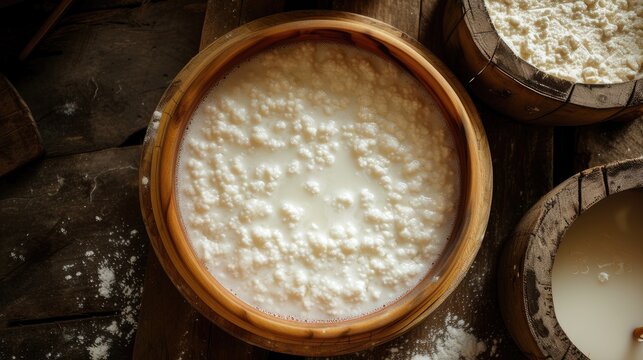 fresh milk curdles in a wooden vat under precise temperature control, highlighting the craftsmanship and dedication involved in creating fine cheeses.