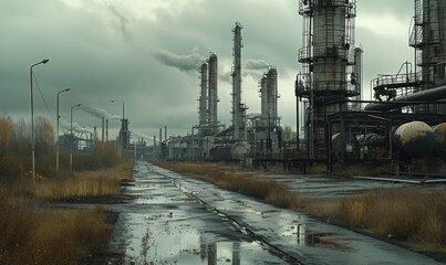 industrial landscape with heavy pollution produced by a large chemical plant - obrazy, fototapety, plakaty