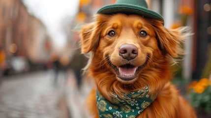 Foto op Plexiglas Cute dog with with a green scarf around his neck on green background. St. Patrick's Day celebration © Vasiliy