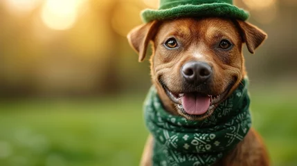 Gordijnen Cute dog with with a green scarf around his neck on green background. St. Patrick's Day celebration © Vasiliy