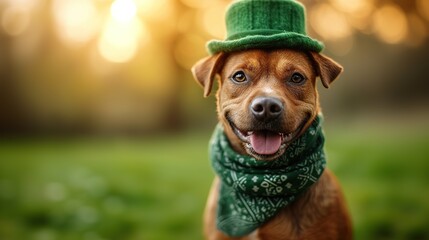 Cute dog with with a green scarf around his neck on green background. St. Patrick's Day celebration - obrazy, fototapety, plakaty