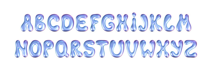 3d holographic liquid font in y2k style isolated. Render of 3d neon inflated iridescent alphabet with rainbow effect. 3d vector y2k hologram set of letters