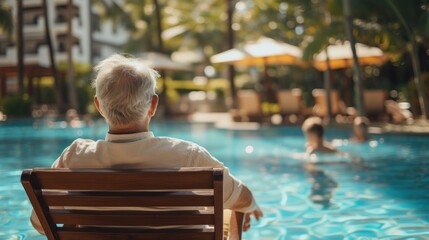 Rear View of an Senior Man Sitting in a Beach Chair in Front of the Pool of a Luxury Hotel Watching His Grandchildren Play in the Pool. Generative AI
