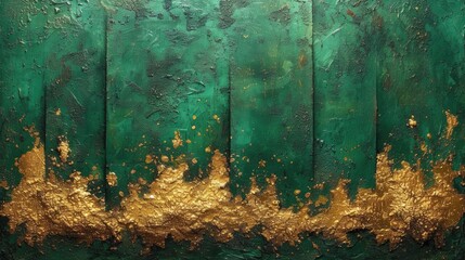 Generative AI, Green and golden colors rough wall, impasto grunge vintage painting background. Old oil textured painted canvas - obrazy, fototapety, plakaty