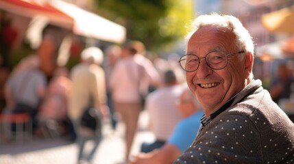 Senior people having fun at a berbena in the town square. Smiling and happy senior man looking at camera. Generative AI