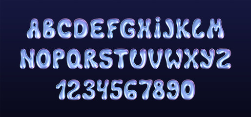 3d holographic liquid font in y2k style isolated on a dark background. Render of 3d neon inflated iridescent alphabet and numbers with rainbow effect. 3d vector y2k hologram set of letters - obrazy, fototapety, plakaty