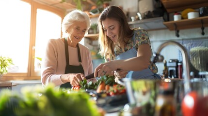 Old woman grandma and her daughter cooking at vintage kitchen smiling transfer of knowledge and skills concept