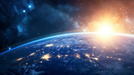 Fototapeta premium Planet Earth seen from space with the sun in the background and stars in high resolution and quality. universe concept
