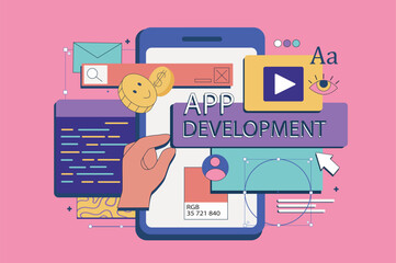 App development concept in flat neo brutalism design for web. Application programming and software user interface creation process. Vector illustration for social media banner, marketing material.