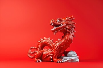Dragon statue on a red Chinese New Year background.