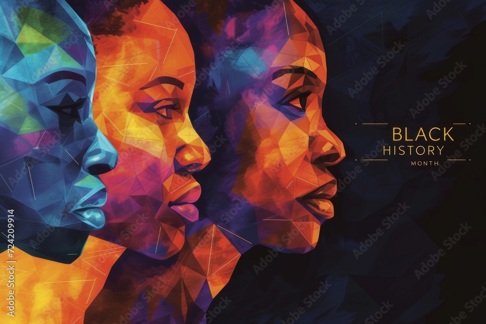 Wall mural colorful geometric profiles on black background for black history month generative ai