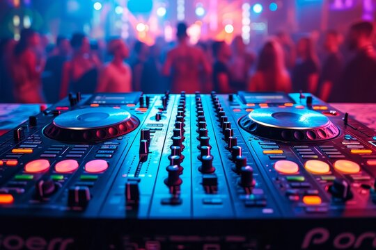 A dynamic music mixer pulsating with energy as the skilled deejay seamlessly blends electronic instruments and audio equipment, surrounded by a crowd of enthusiastic party-goers in an indoor setting