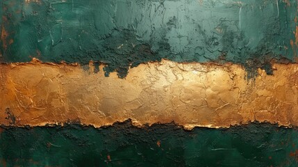 Generative AI, Green and golden colors rough wall, impasto grunge vintage painting background. Old oil textured painted canvas