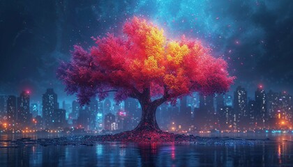 Vibrant tree on the water with a city in the background