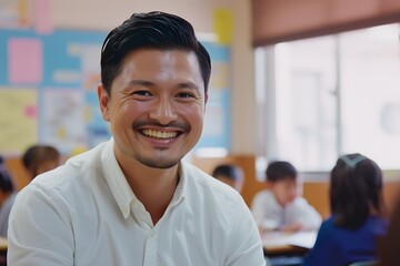 Smiling Asian teacher standing in front of the class
