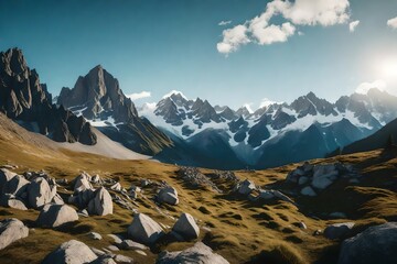 The sweeping panorama of a mountain meadow, strewn with rocks and larch trees, the distant peaks of a mountain range rising majestically against the clear sky - obrazy, fototapety, plakaty