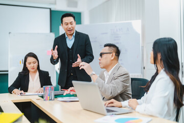 Professional diverse business people having collaboration team meeting in an office, technology and workers, men or employees with touchscreen planning sales, research or financial strategy in company