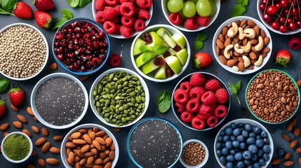 Fotobehang Fresh fruit and nut assortment in colorful bowls on dark background. © Dionysus