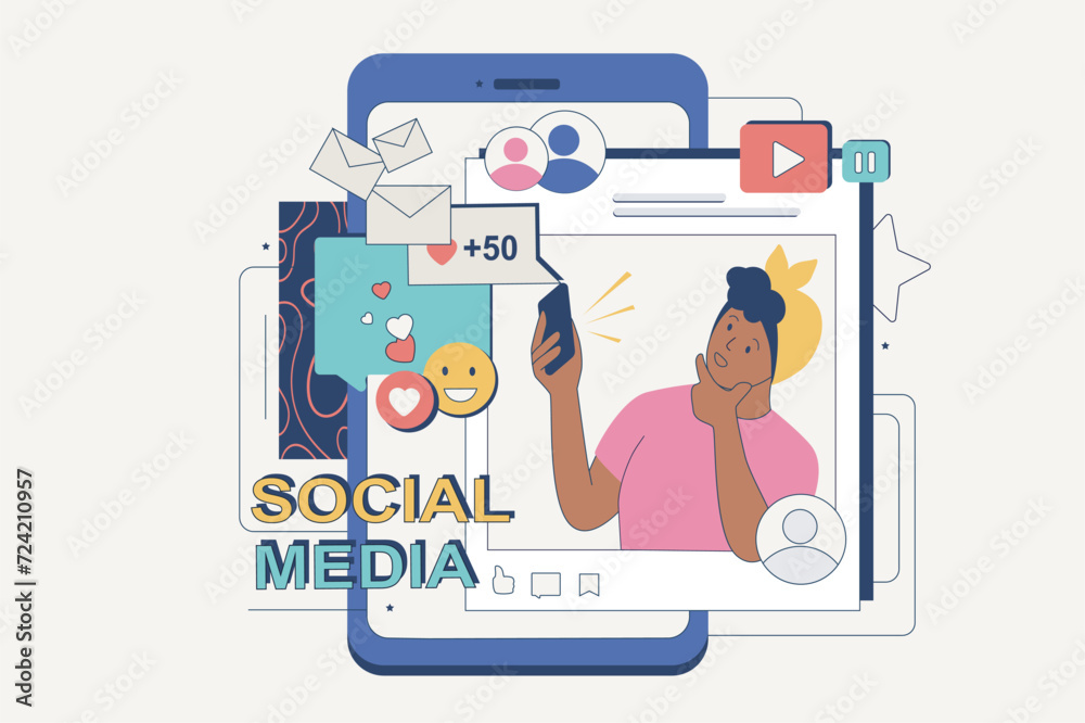 Poster social networking concept in flat neo brutalism design for web. woman browsing and chatting in app, 