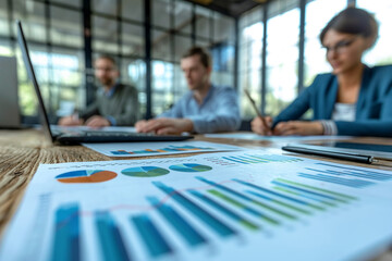 Business team engaged in strategic planning with detailed charts on a large monitor, highlighting corporate finance, market analysis, and growth strategy concepts