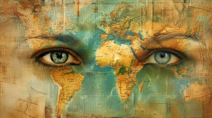 person with painted face of the world map, continents and the sea