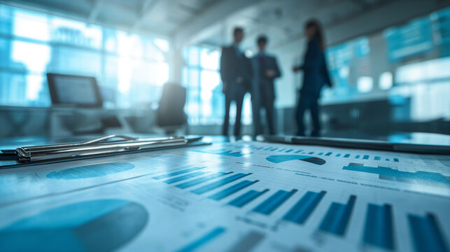 Business team engaged in strategic planning with detailed charts on a large monitor, highlighting corporate finance, market analysis, and growth strategy concepts