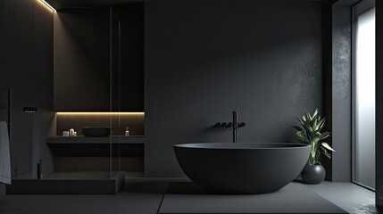 a black minimalist bathroom interior, with clean lines, minimal decor, and subtle lighting, emphasizing simplicity and modernity.