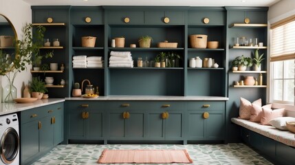 Laundry room with dark green painted cabinets and patterned multi-colored tile
 - obrazy, fototapety, plakaty