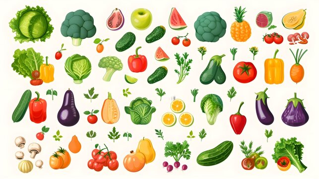 Fruit and vegetable collection in hand drawn top down flat style. Illlustrations