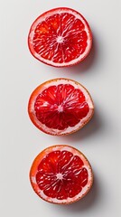 three red fruit slices on a white background