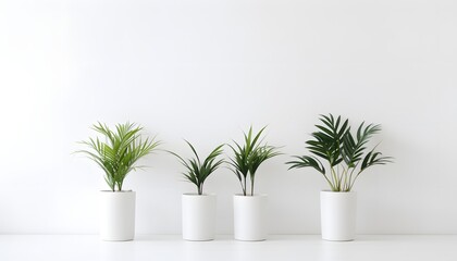 Potted Dracaena Marginata plants sitting on a rustic wooden shelf. The plants are different heights, and the pot on the far left is tilted slightly. Isolated on white