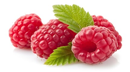 Three Raspberries and leaves on an isolated white background