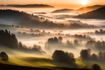 A misty valley at dawn, the soft morning light filtering through the fog, highlighting the contours of the surrounding hills and meadows