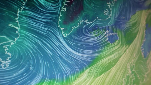 Strong winds over north Europe Pixels visible Moving camera shot of a computer screen. Weather  wind satellite view map. Precipitations, temperatures, air pressure.