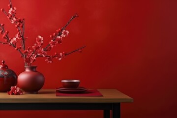 Fototapeta premium Table with beautiful decorations for Chinese New Year celebration in room with copy space