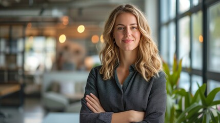 Obraz premium A Successful Businesswoman Portrait Captured Indoors, Standing Proudly with her Smartphone