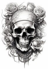 Skull Amidst Roses and Vines