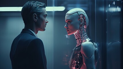 Couple in love: a man and a futuristic android robot. Technological sci-fi background. Relationship between human and artificial intelligence. - obrazy, fototapety, plakaty