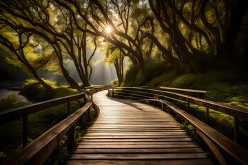 A peaceful boardwalk in a serene park, where the path leads you deeper into the natural beauty of the landscape. - obrazy, fototapety, plakaty