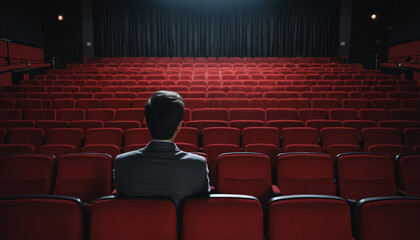 Fototapeta premium One lonely person in a theater on red seat watching in front , back view