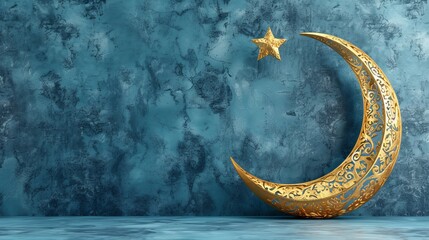 Ramadan crescent on modern blue wall background. Design creative concept of islamic celebration day ramadan kareem or eid al fitr adha, copy space text area, 3D illustration