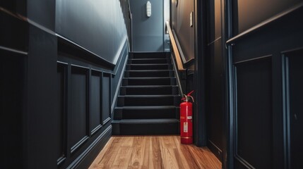 Black carpeted steps and narrow corridor of luxurious home with hardwood floor and fire extinguisher