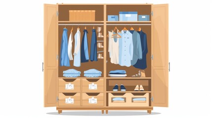 Close open wardrobe. Wardrobes with clothes and shoes, packaging boxes. Isolated wooden cupboard vector illustration